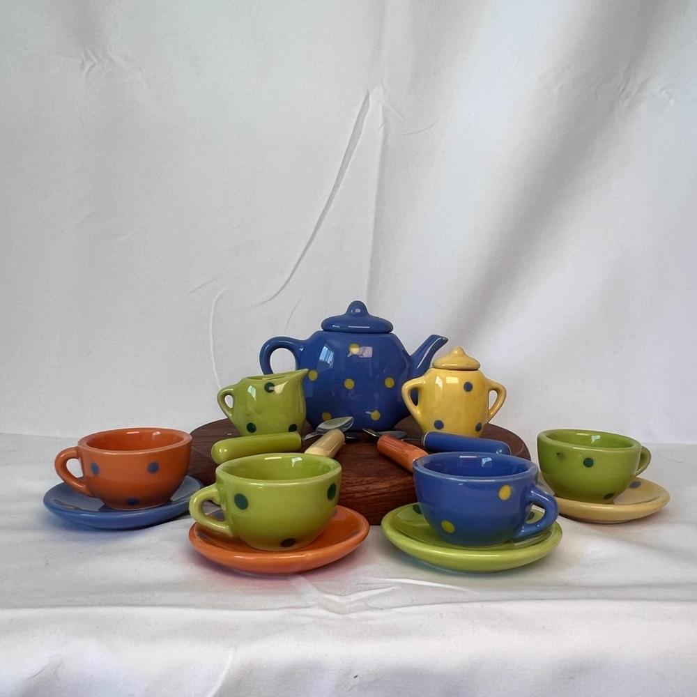 Colorful Miniature Children’s Polka Dot Ceramic Tea Set
